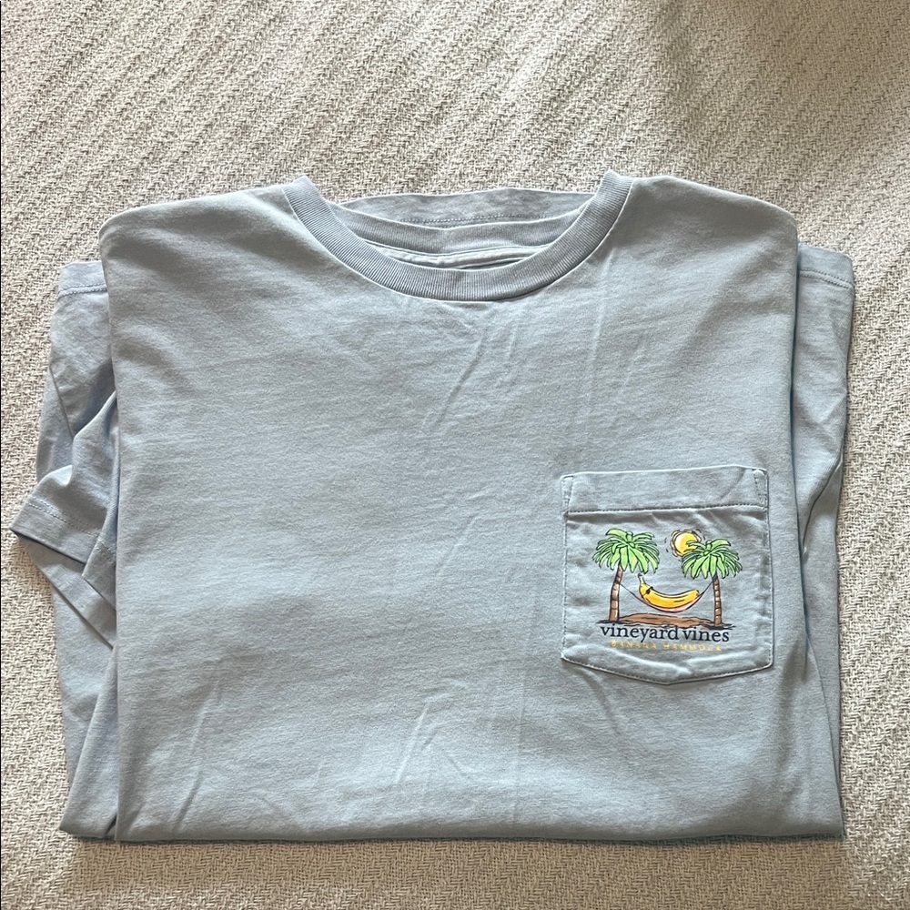 Vineyard Vines Light Blue Pocket Tee with Palm Tree & Hammock Graphic